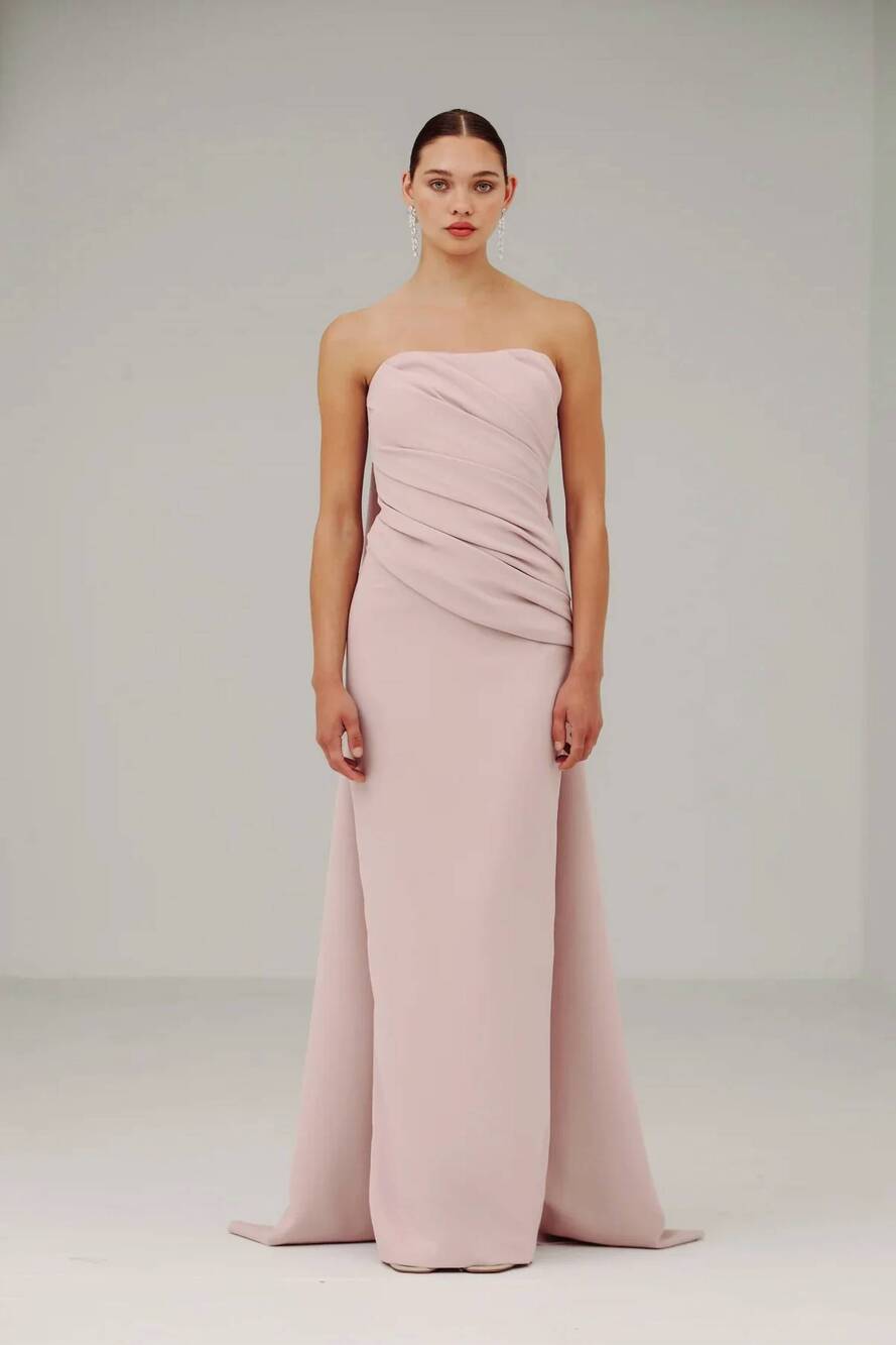 NEW CATHERINE REGEHR strapless side drape gown with back ties in pink